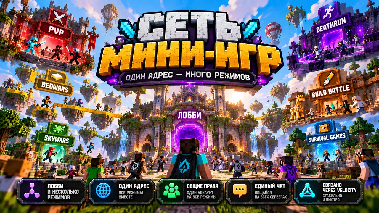 Обложка сборки «Сеть мини-игр»: лобби и несколько режимов под одним адресом